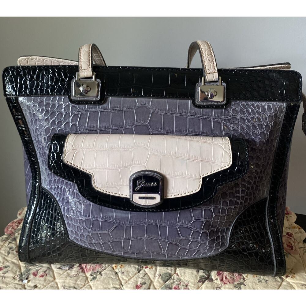 Guess Y2k VTG Womens Shoulder Bag Croc Effect Faux Leather Zip Closure Pockets